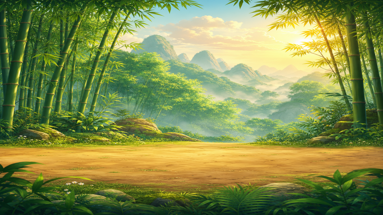 A lush, sunlit bamboo forest