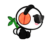 A playful panda wearing orange headphones jumping